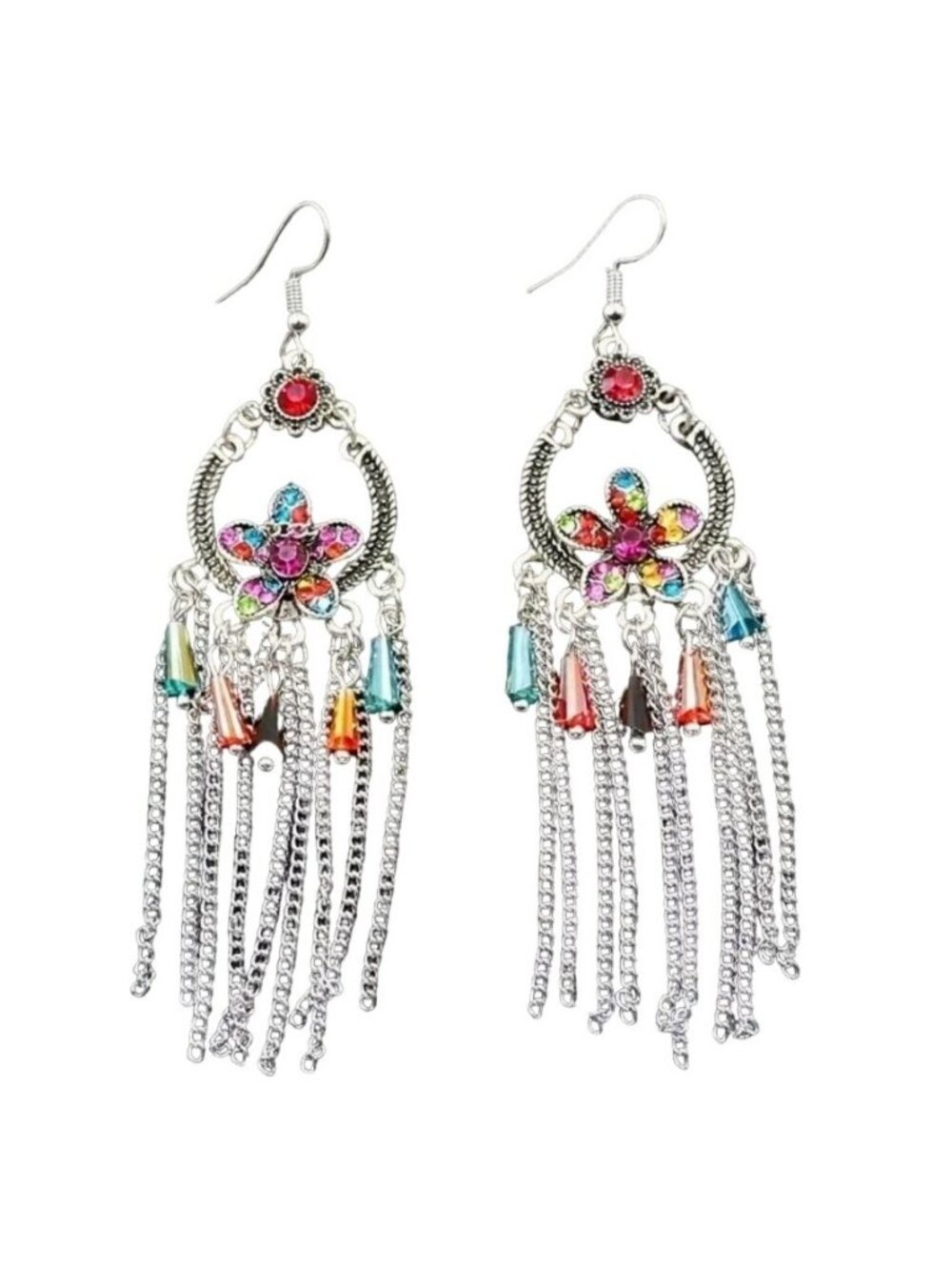Bohemian Floral Chandelier Earrings With Colorful Beads & Chains Dangle